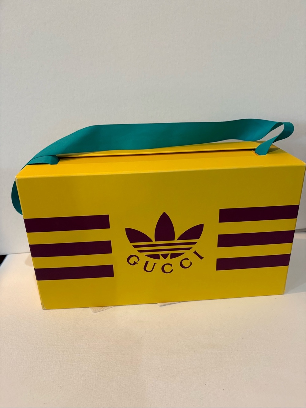 Gucci Adidas Collab Yellow Box & Tissue paper with Teal Ribbon and Burgundy Logo